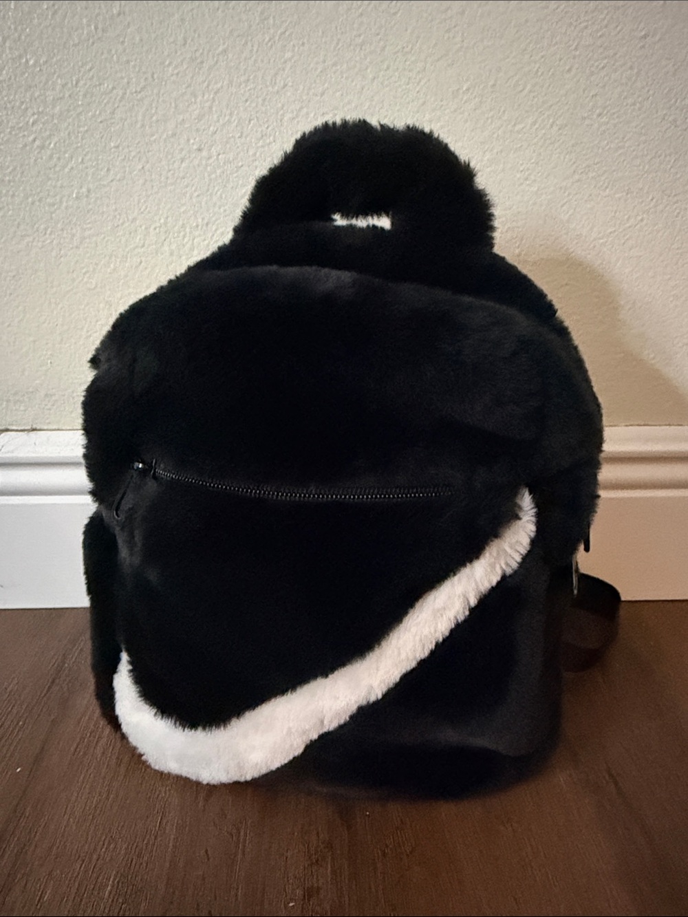 Faux Fur Mini Backpack - Black with White Accent
